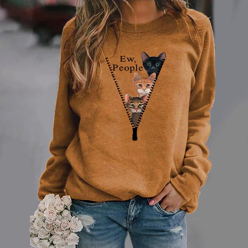 Women's relaxed fit crew neck sweatshirt soft cotton blend with playful cat graphic cozy everyday wear