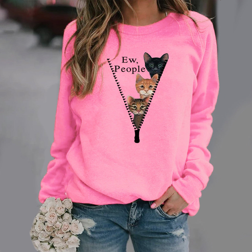 Women's relaxed fit crew neck sweatshirt soft cotton blend with playful cat graphic cozy everyday wear