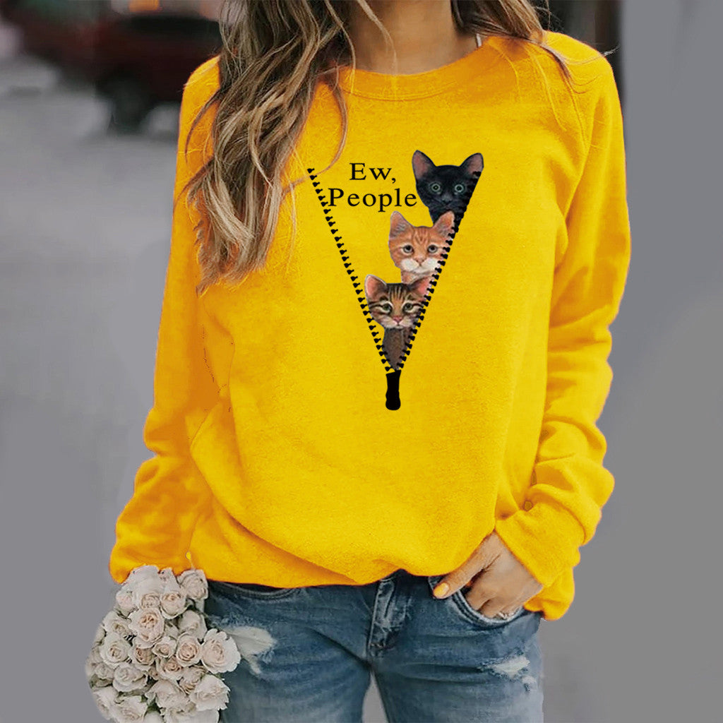 Women's relaxed fit crew neck sweatshirt soft cotton blend with playful cat graphic cozy everyday