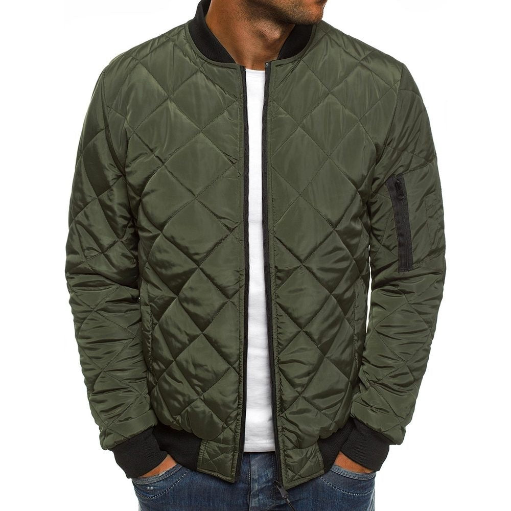 Men's black diamond quilted winter bomber jacket with zippered front for urban street style