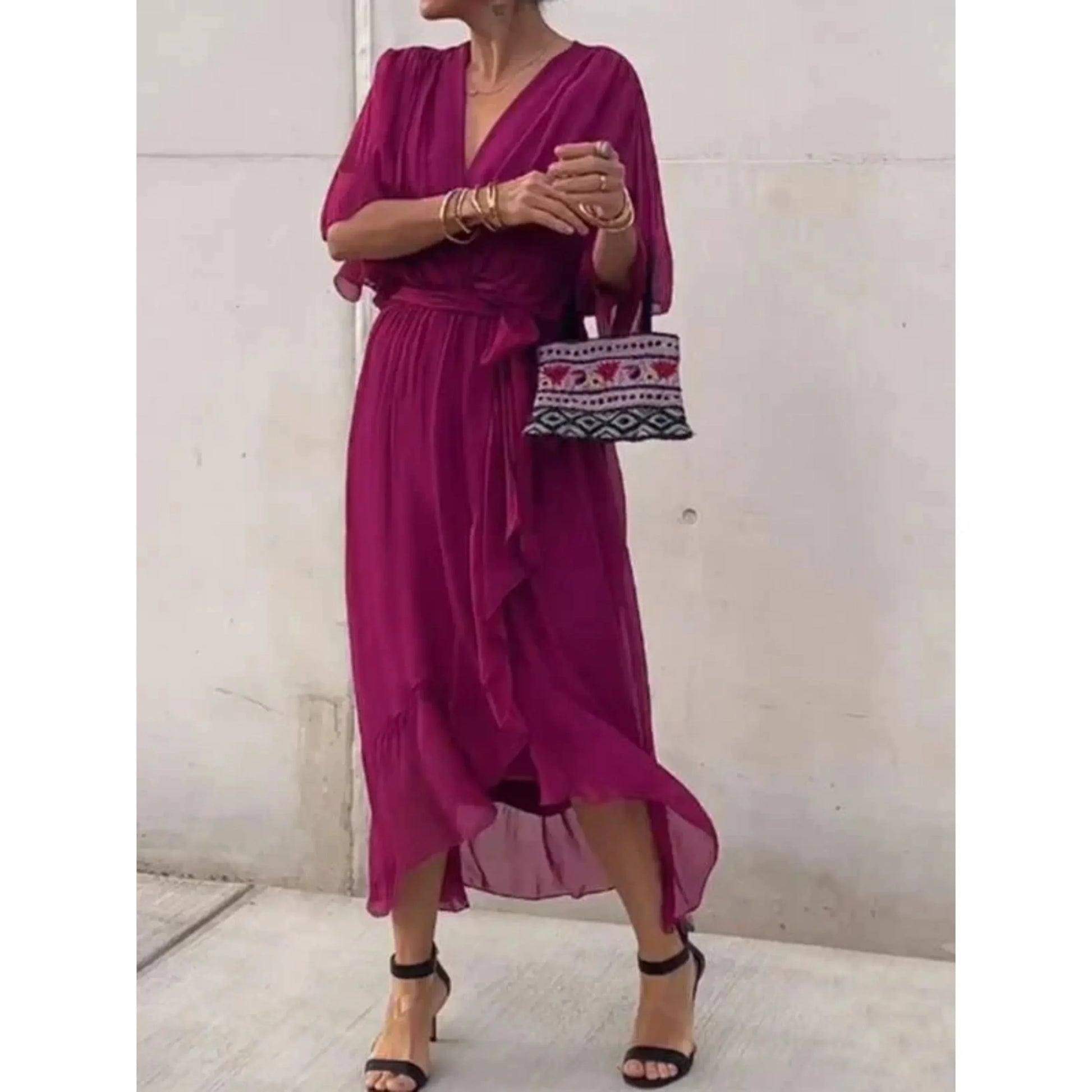 Women's silk chiffon V-neck dress lightweight elegant drape perfect for weddings and parties