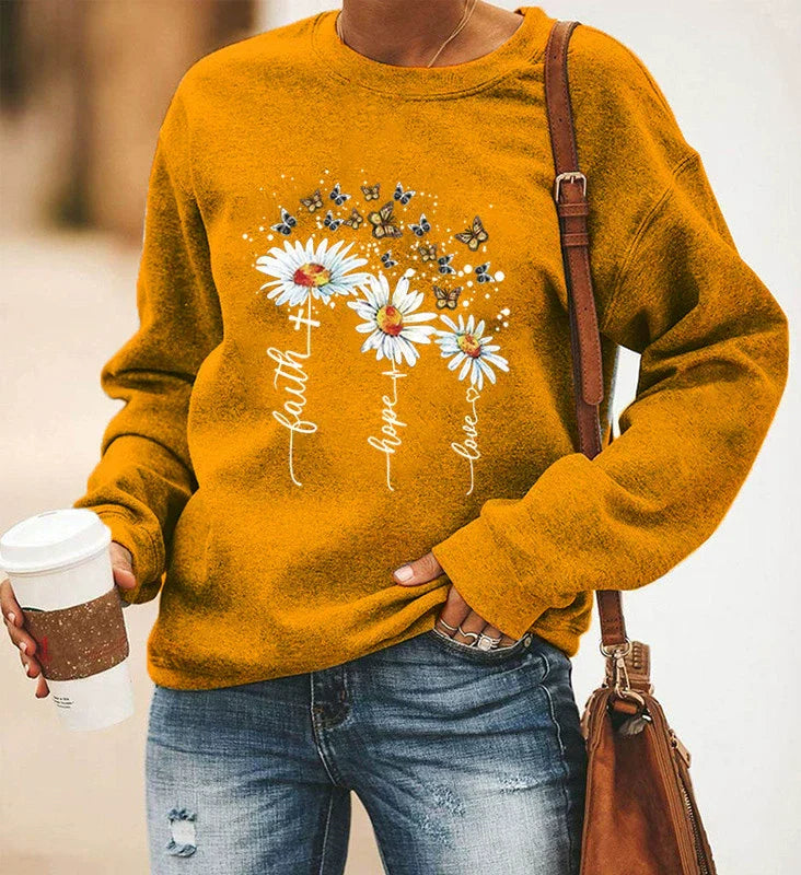 Women's relaxed fit cotton blend sweatshirt with daisy and butterfly botanical print, casual style