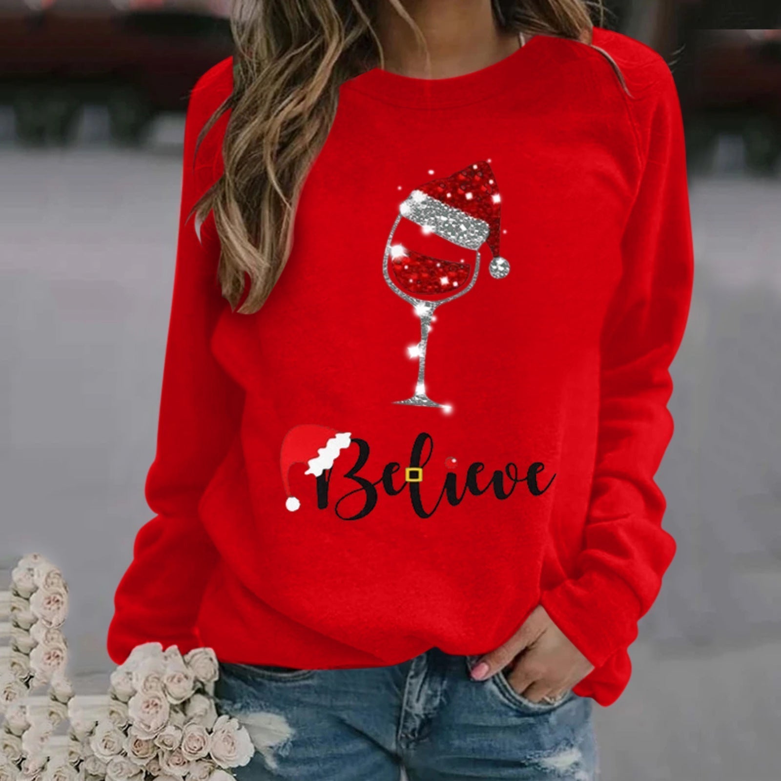 Women's relaxed fit cotton blend crew neck sweatshirt with festive holiday graphic print