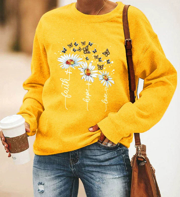 Women's relaxed fit cotton blend sweatshirt with daisy and butterfly botanical print, casual style