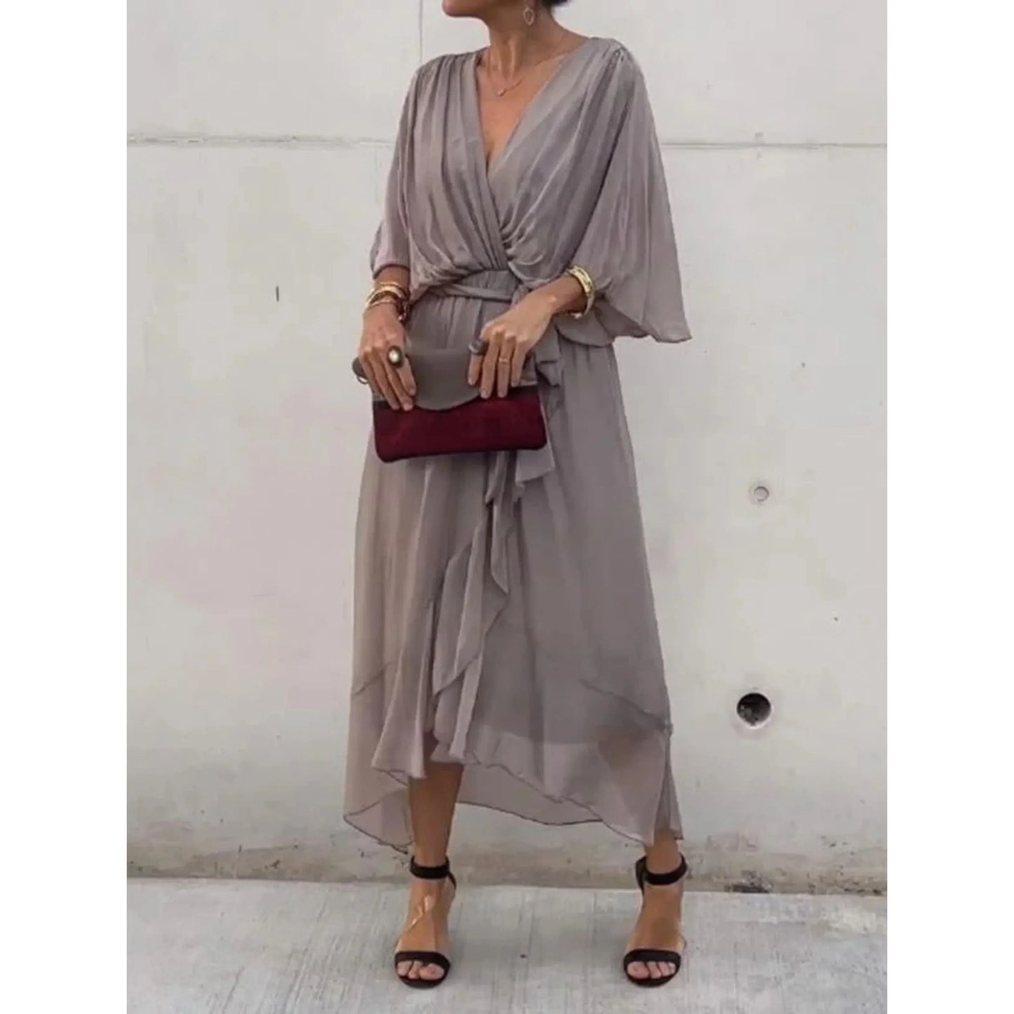 Women's silk chiffon V-neck dress, lightweight elegant drape for weddings and parties