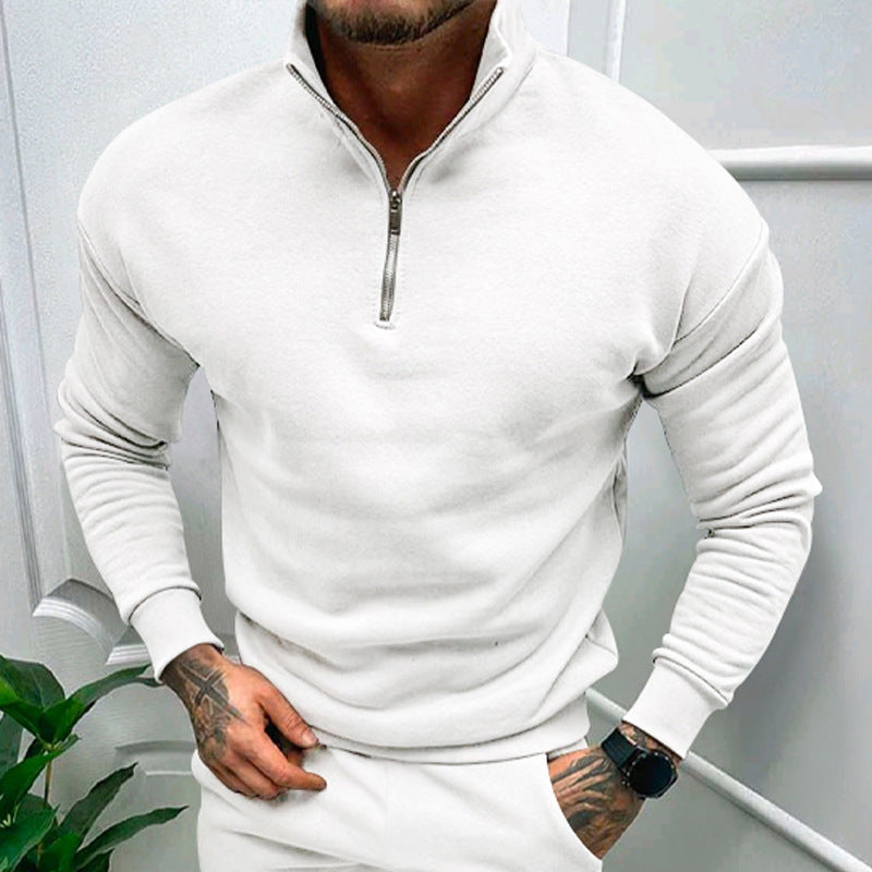 Men's half-zip stand collar sweater in neutral cotton blend, smart casual slim fit for office wear