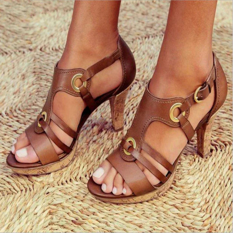 Women's open-toe heeled sandals with cork-wrapped heel and adjustable ankle strap in faux leather
