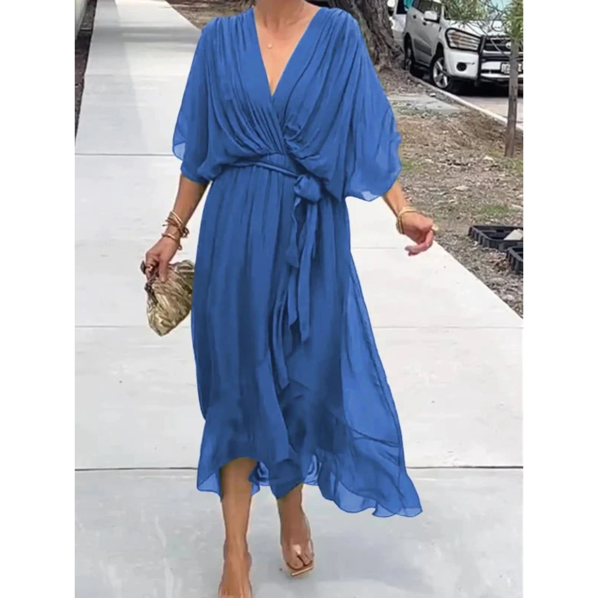 Women's silk chiffon V-neck dress lightweight elegant drape perfect for weddings and parties