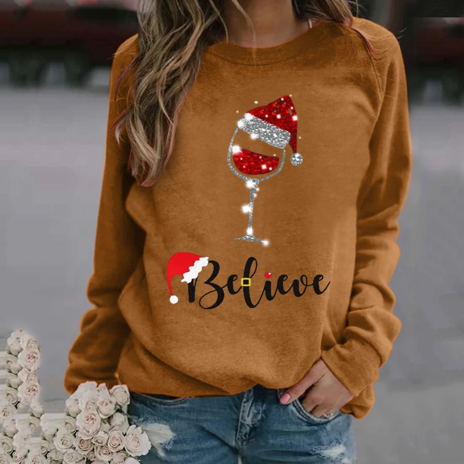 Women's relaxed fit cotton blend crew neck sweatshirt with festive holiday graphic print
