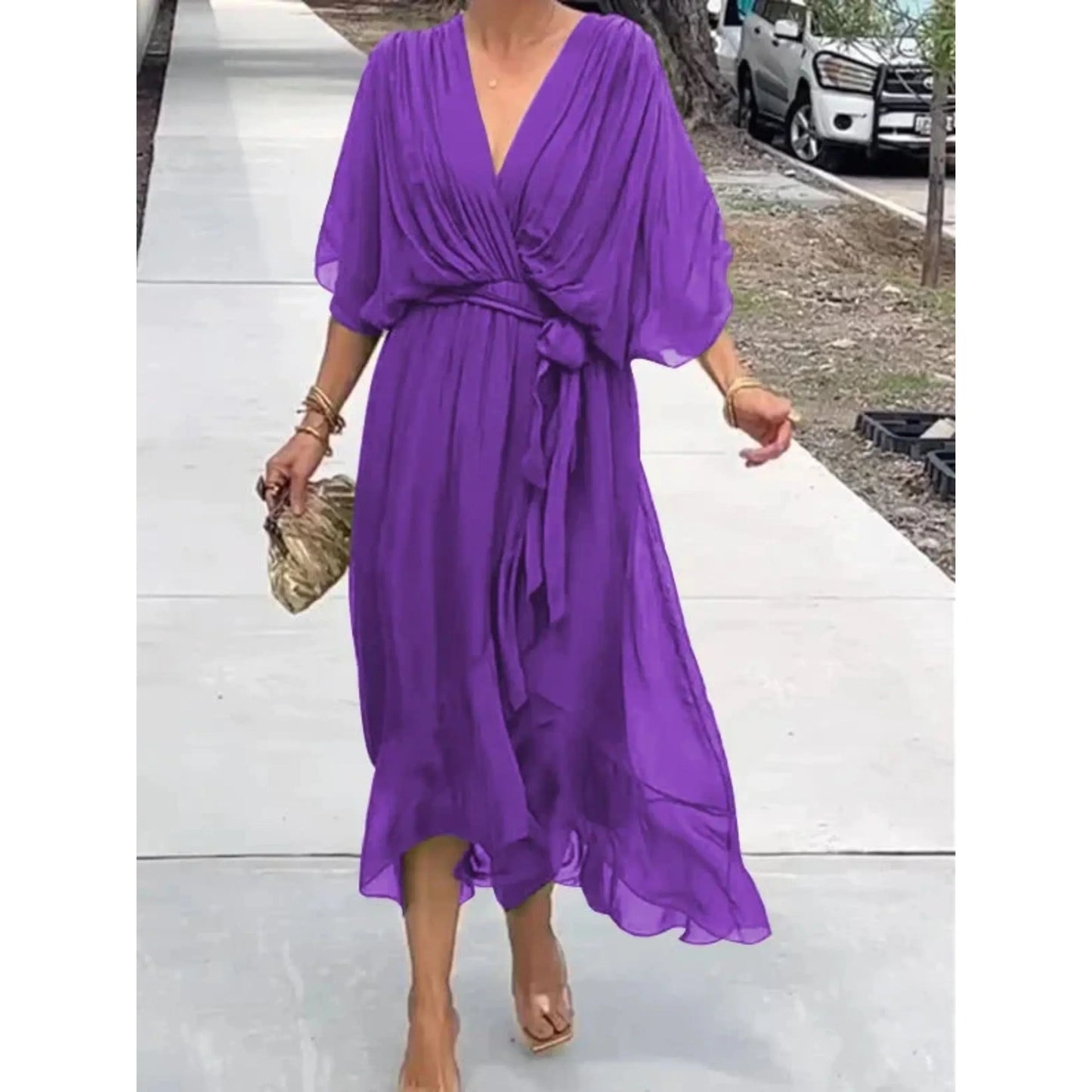 Women's silk chiffon V-neck dress lightweight elegant drape perfect for weddings and casual outings