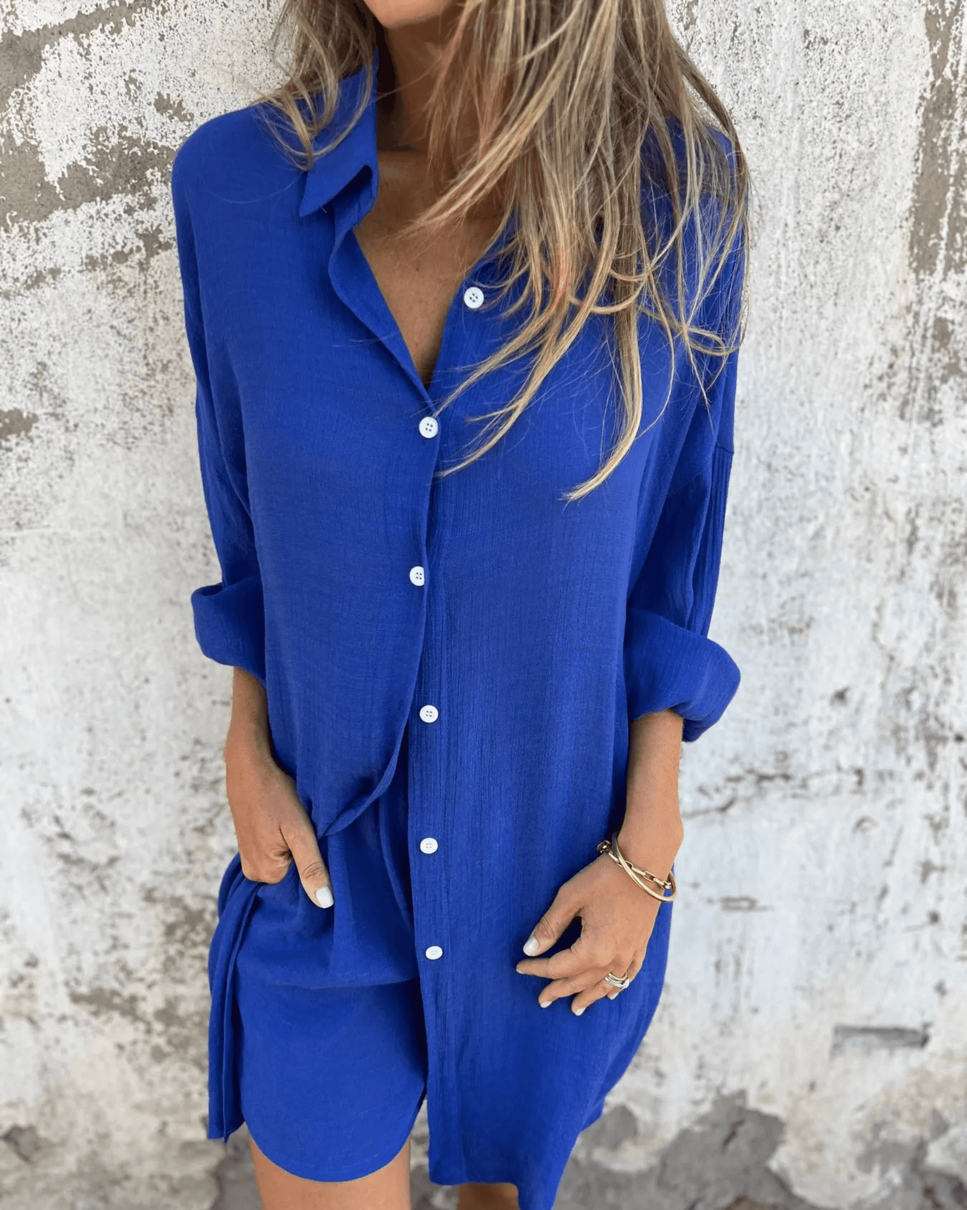 Women casual shirt and shorts set lightweight breathable long-sleeve high-waisted matching loungewear