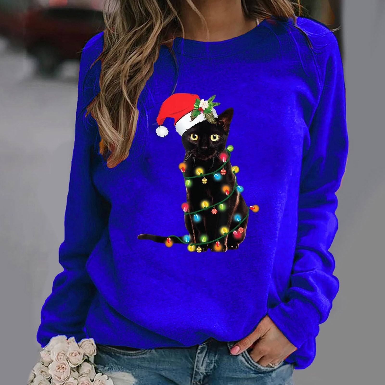 Women's relaxed-fit graphic crew neck sweatshirt in cotton blend with long sleeves for casual wear