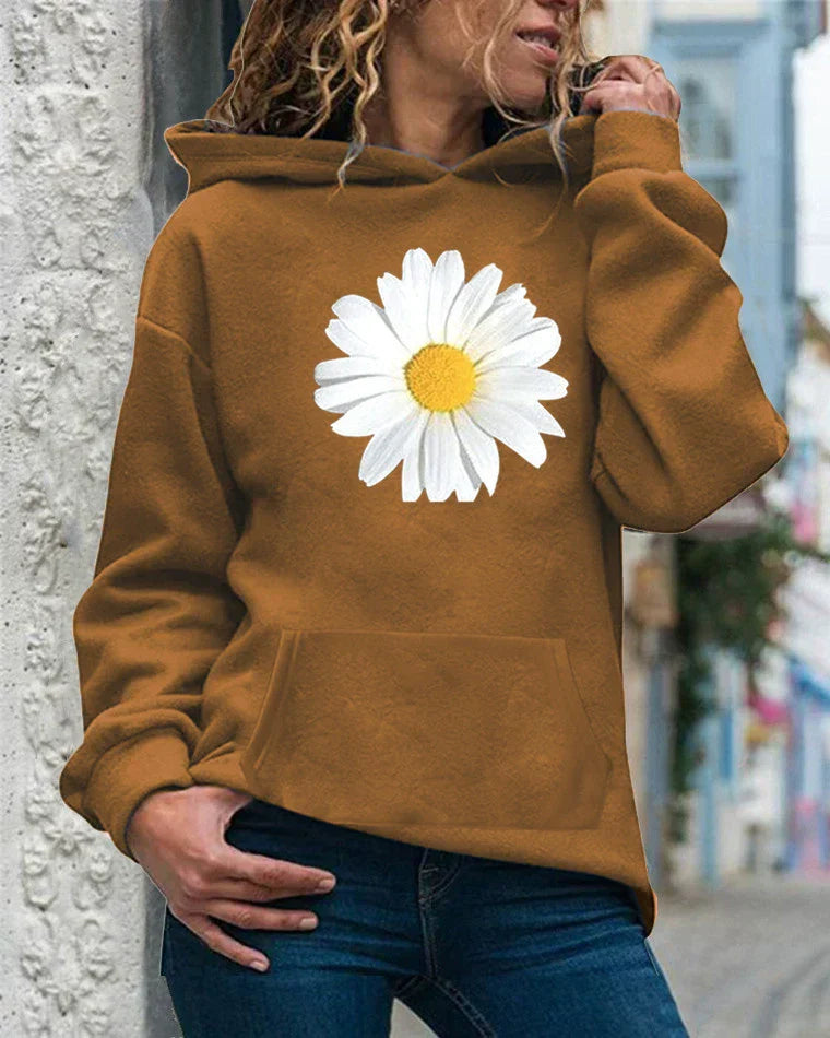 Women's relaxed fit hooded sweatshirt soft fleece daisy print kangaroo pocket cozy pullover