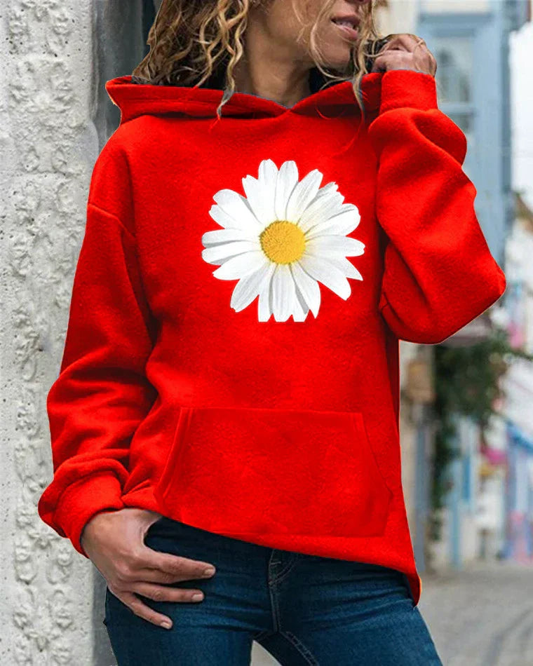 Women's relaxed fit hooded sweatshirt soft fleece daisy print kangaroo pocket cozy casual pullover