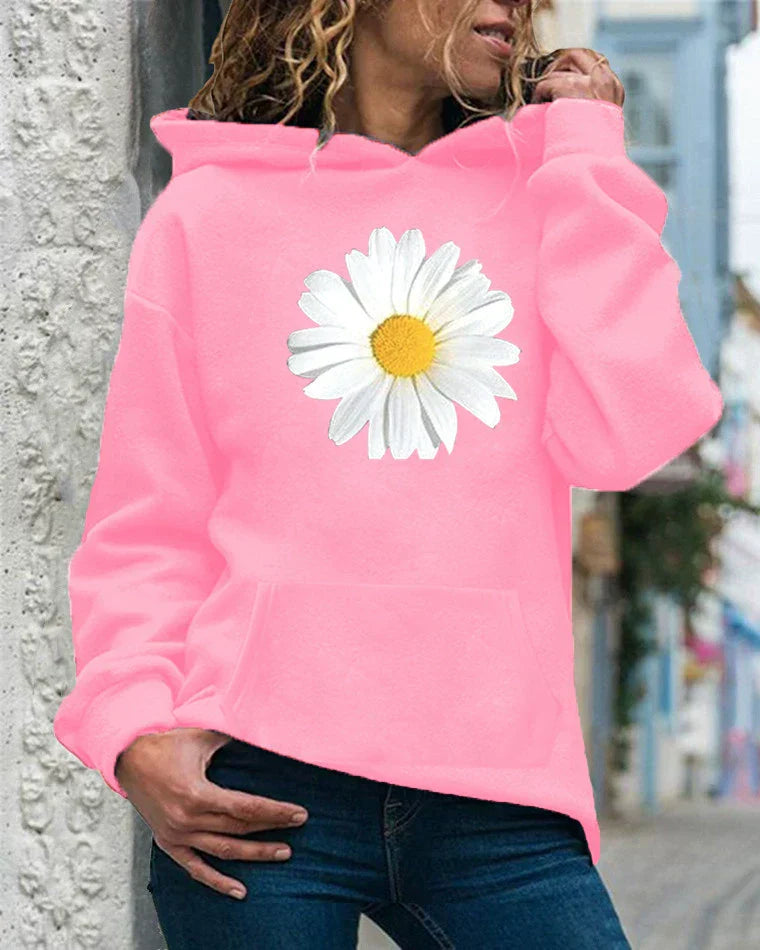 Women's relaxed fit hooded sweatshirt soft fleece daisy print kangaroo pocket cozy casual pullover