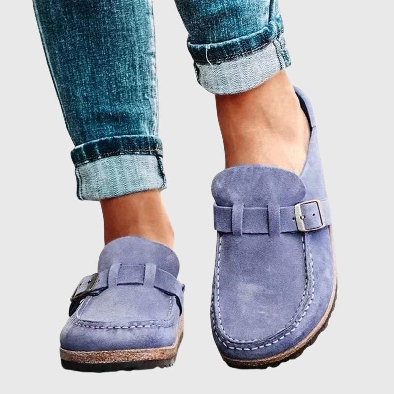 Casual slip-on buckle loafer shoes with cushioned sole, classic stitch detailing, and metallic accent