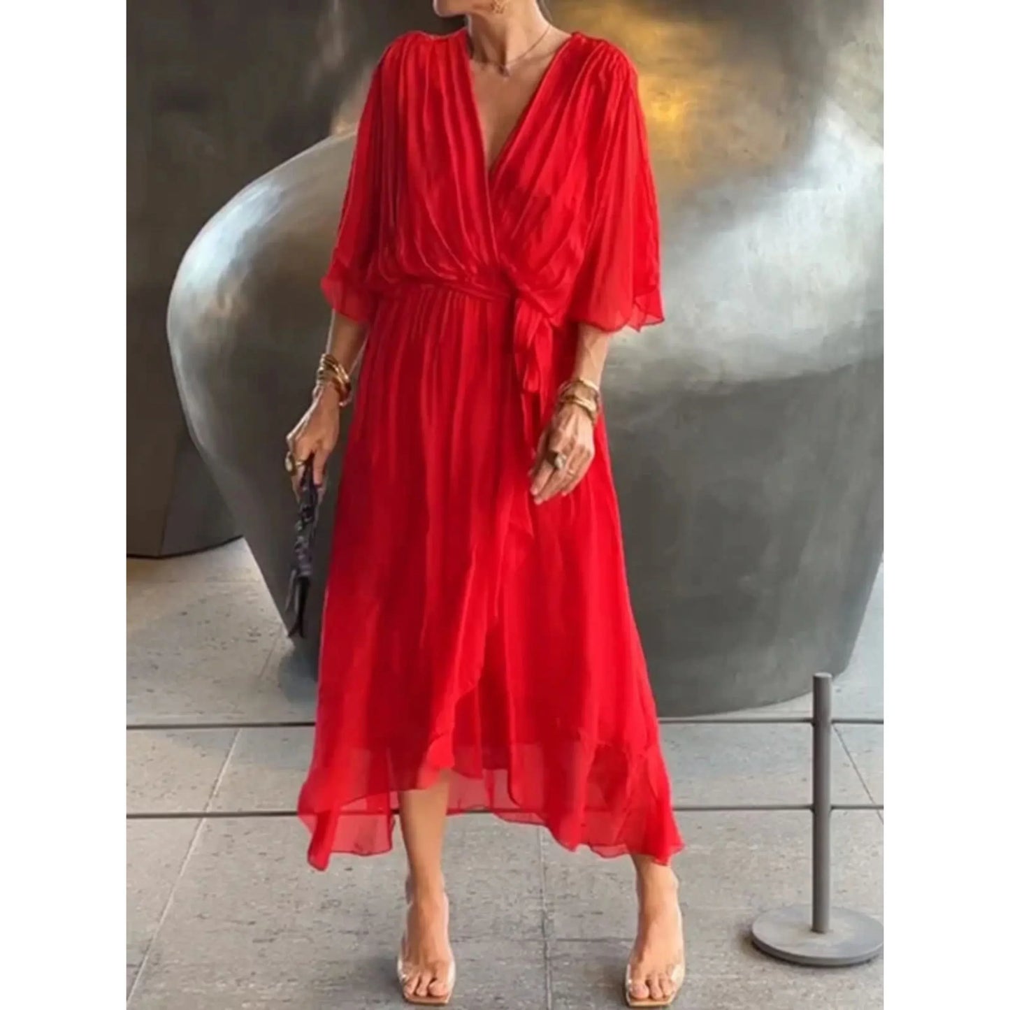 Women's silk chiffon V-neck dress lightweight elegant drape perfect for weddings and parties