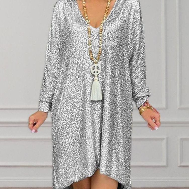 Women's loose sequined sweater dress V-neck casual chic style with allover sparkle embellishment
