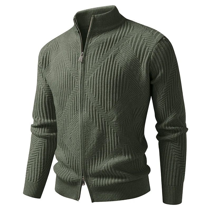 Men's textured full-zip cardigan with ribbed cuffs, modern knit pattern for smart-casual layering