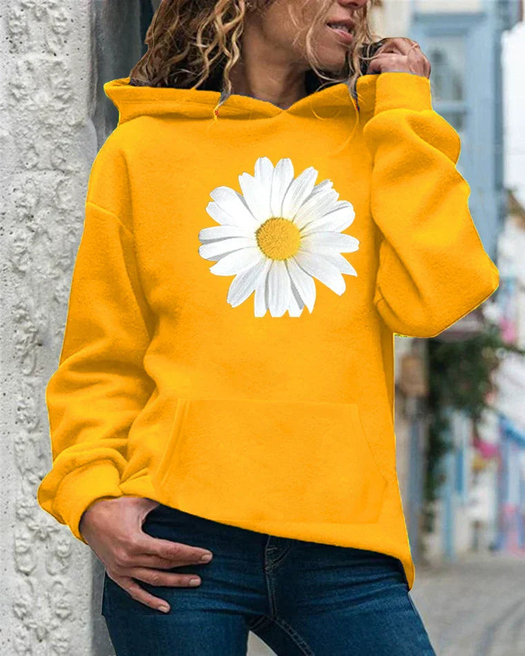 Women's relaxed fit hooded sweatshirt soft fleece daisy print kangaroo pocket cozy casual pullover