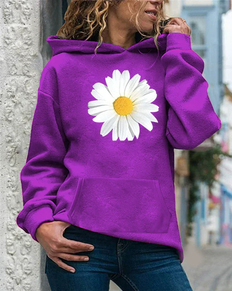 Women's relaxed fit hooded sweatshirt soft fleece daisy print kangaroo pocket cozy casual pullover