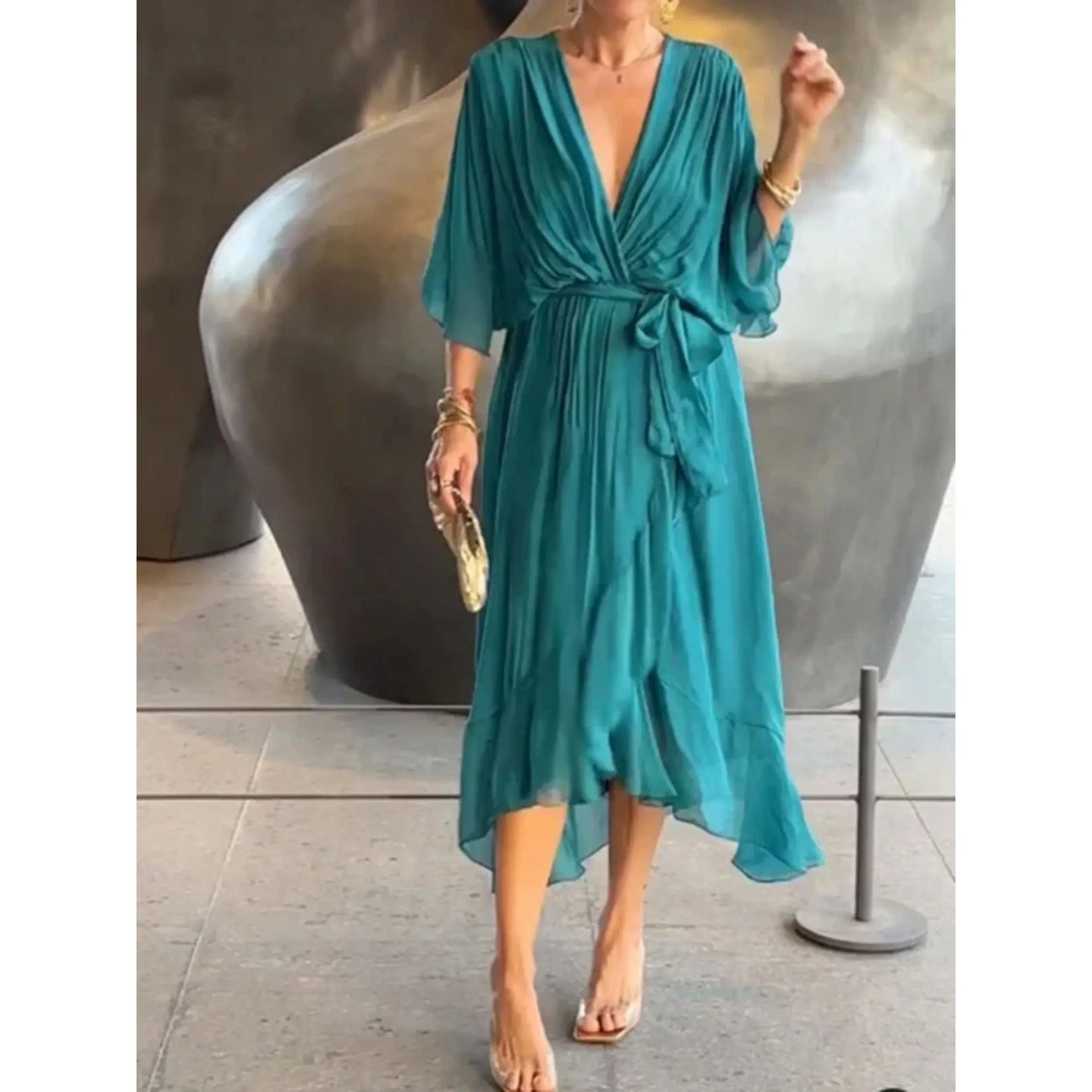 Women's silk chiffon V-neck dress, lightweight elegant drape for weddings and parties