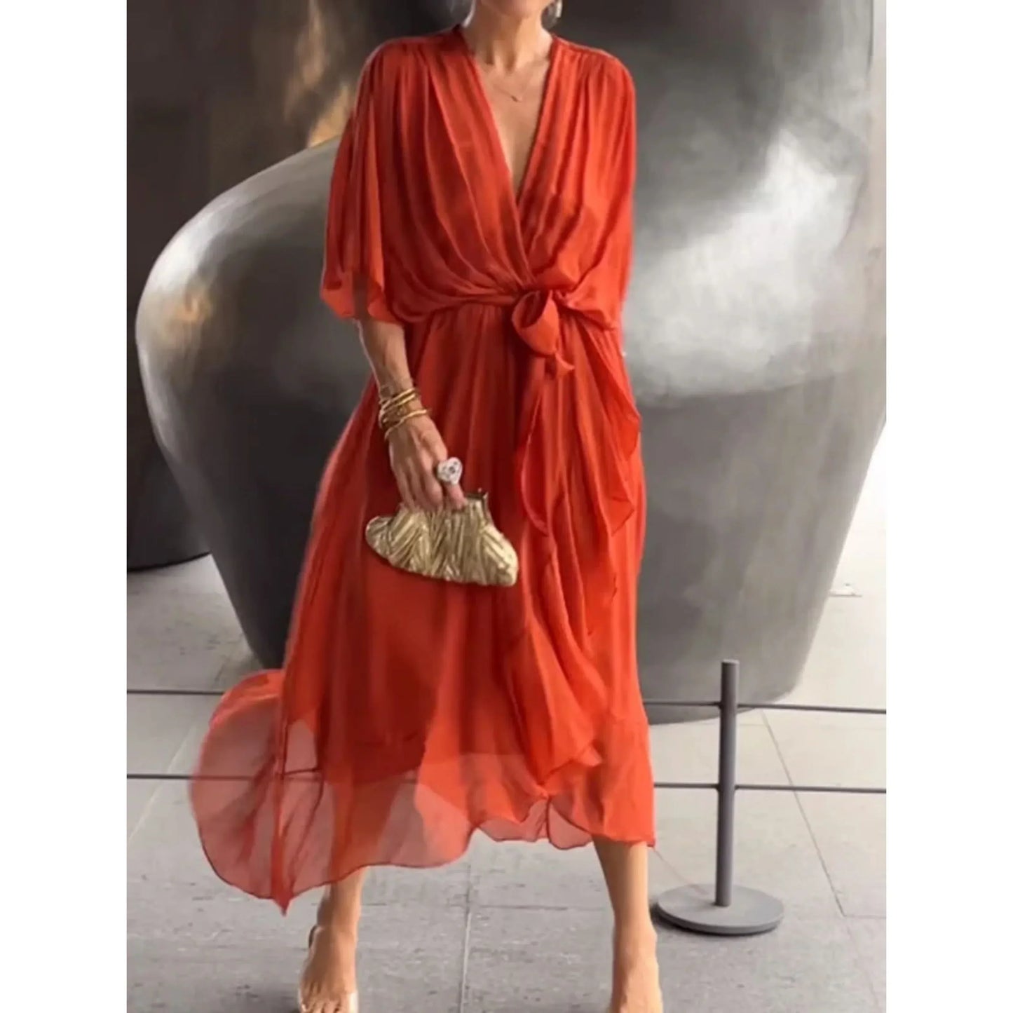 Women's silk chiffon V-neck dress, lightweight elegant drape for weddings and parties