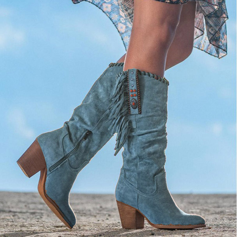 Women's boho chic fringe boots with wooden heel in earthy tones, timeless everyday style