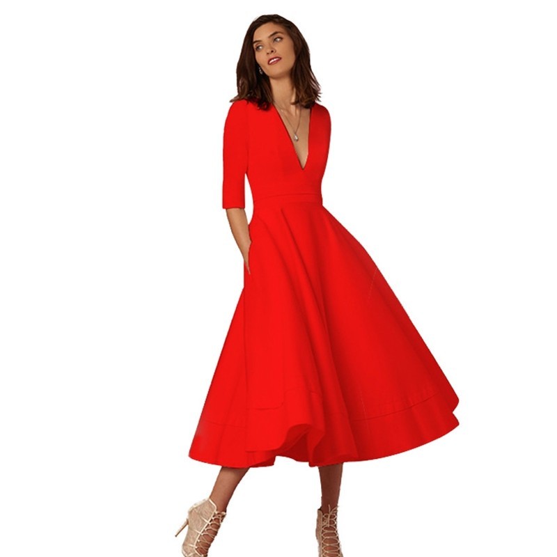 Vintage 60s swing V-neck dress for women, retro flared silhouette in timeless chic style