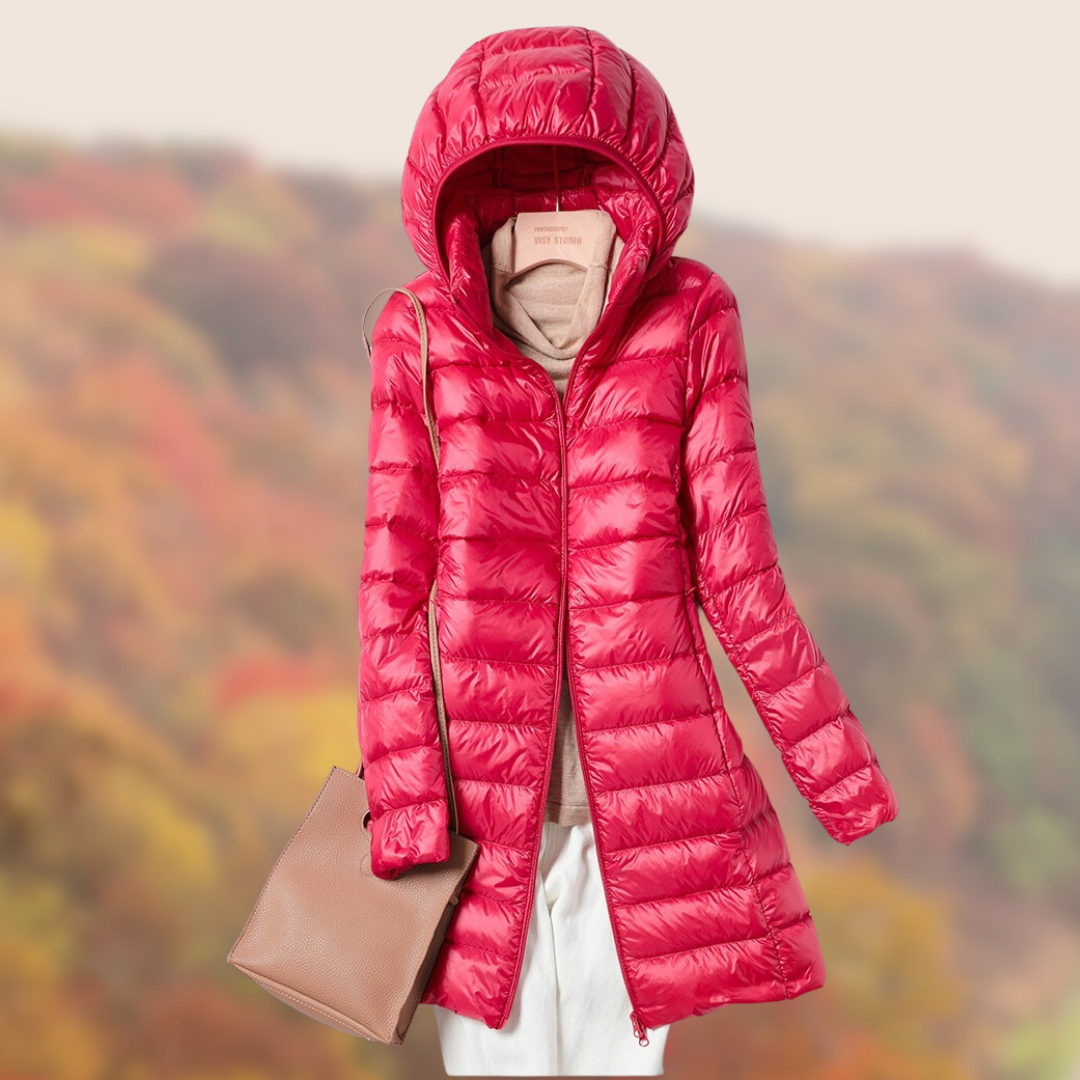 Women slim fit hooded puffer jacket lightweight insulated silhouette for everyday stylish warmth