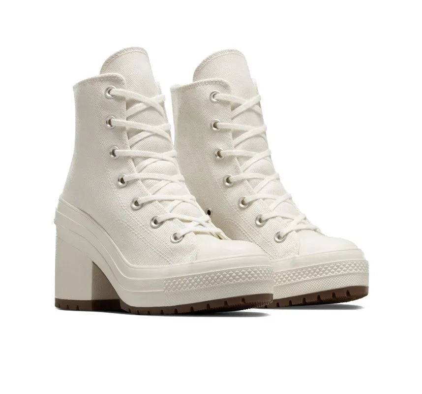 Women's black canvas high-top platform boots with chunky block heel and deep tread grip sole