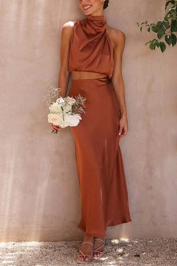Satin two-piece set draped high-neck crop top bias-cut maxi skirt sleek spring elegance