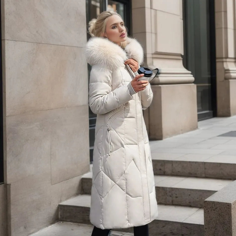 Women's black belted high-neck puffer coat with adjustable waist for cozy winter style