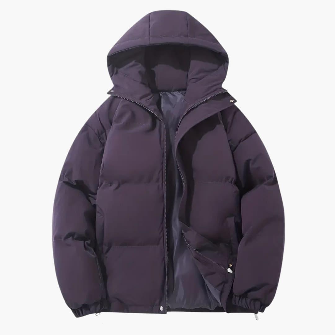 Women's quilted hooded jacket with full zipper, side pockets, and adjustable hem drawstring