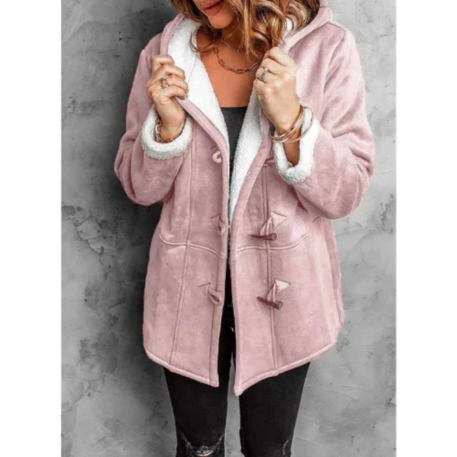 Women's mid-length fleece-lined relaxed fit jacket with hood and toggle closure