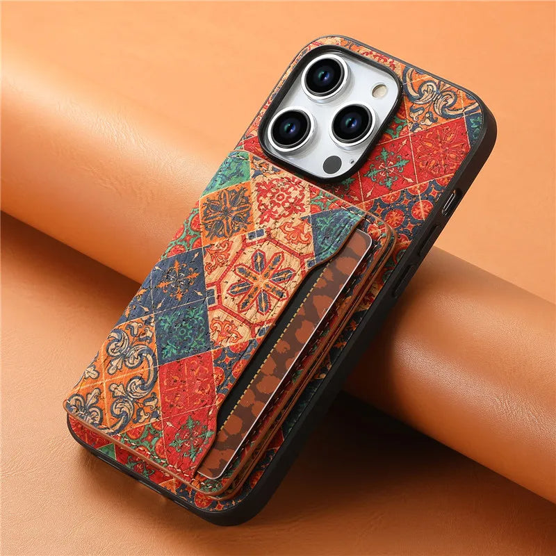 Botanique boho vegan leather iPhone wallet case, magnetic closure, holds 5 cards, rich botanical print