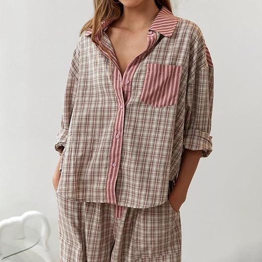 Women's two-piece plaid set, casual elegant matching top and bottom with bold checkered pattern