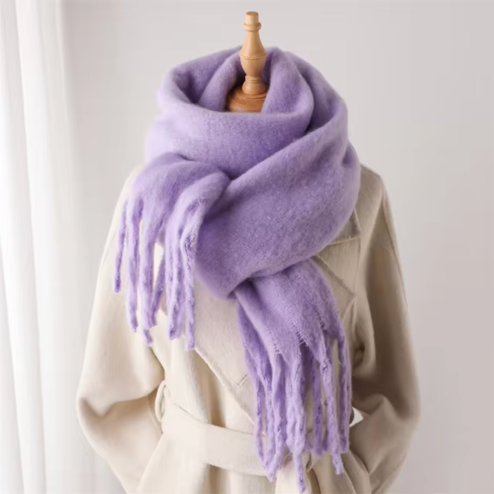 Women's cashmere-like winter scarf pashmina style with long fringe, solid color, warm wrap