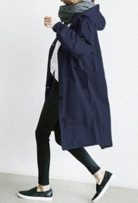 Women's lightweight hooded coat button closure mid-thigh length relaxed fit elastic cuffs casual style