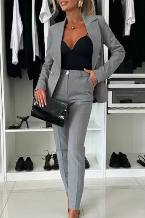 Women's slim fit cotton blend suit with pockets, casual versatile two-piece outfit for all seasons