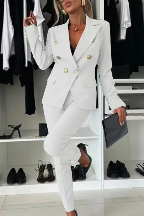 Women's slim fit cotton blend suit with pockets, casual versatile two-piece outfit for all seasons