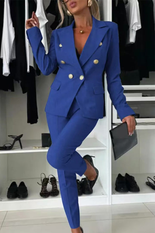 Women slim fit cotton blend suit with pockets, casual versatile two-piece outfit for all seasons