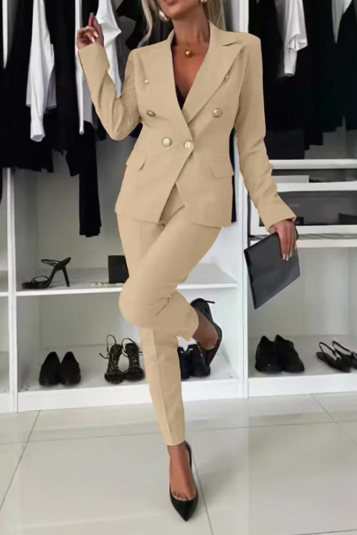 Women's slim fit cotton blend suit with pockets, versatile casual office outfit in neutral tone