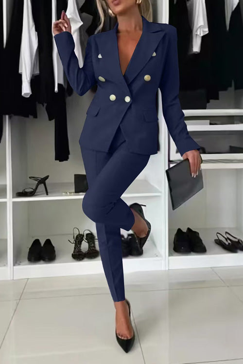 Women's slim fit cotton blend suit with pockets, versatile casual office outfit in neutral tones