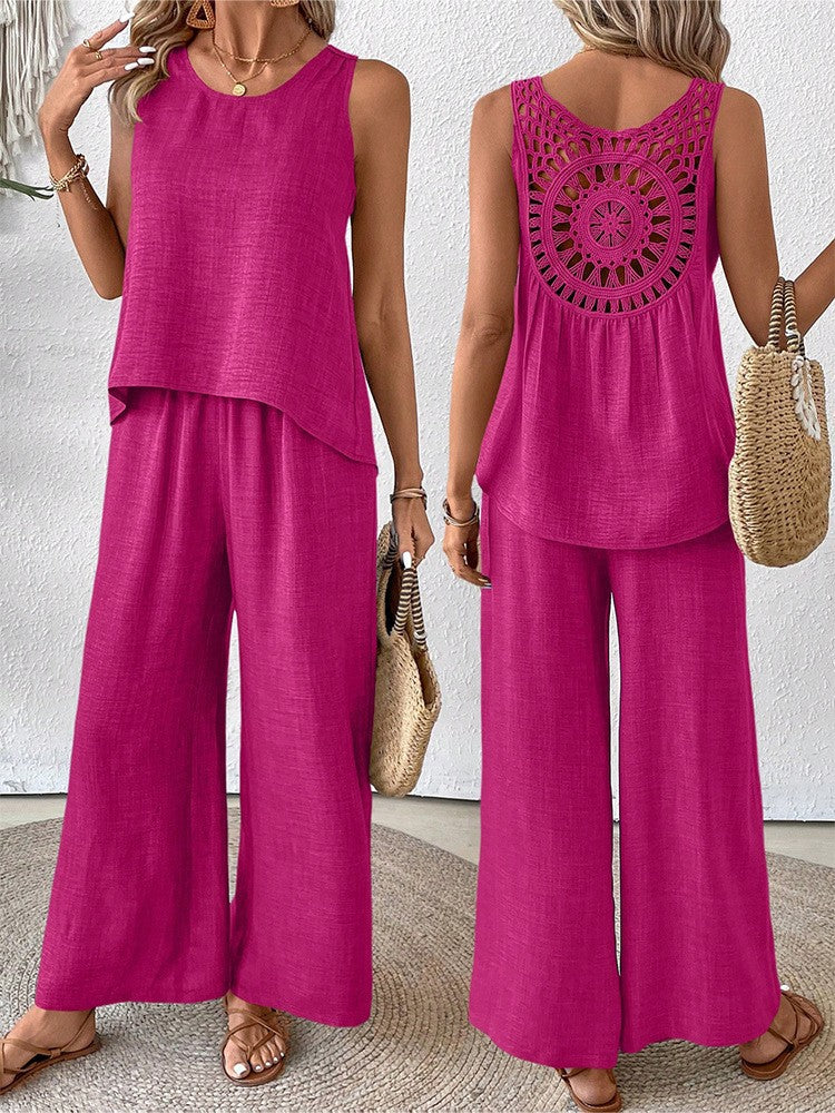 Women's elegant sleeveless pantsuit set, solid color with lace back and embroidered detail