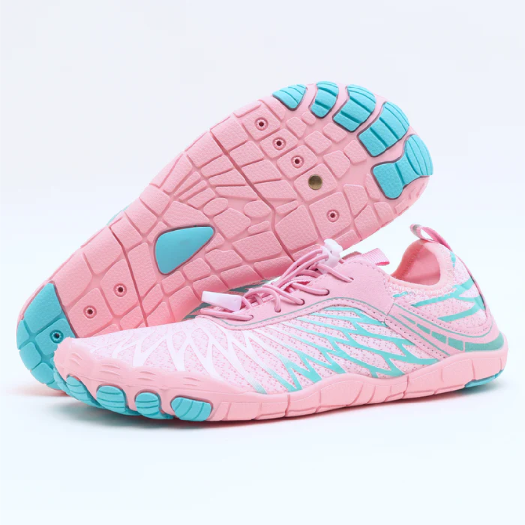 Urbann-Vibe barefoot hiking shoes in neutral tones with copper grounding elements and wide toe box