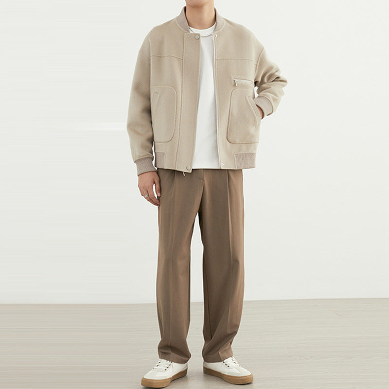 Vince men's short wool coat in classic minimalist cut with sporty baseball-inspired design