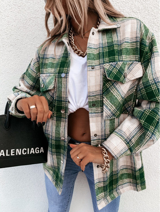 Women's oversized flannel checkered shirt jacket cozy layering casual button closure streetwear