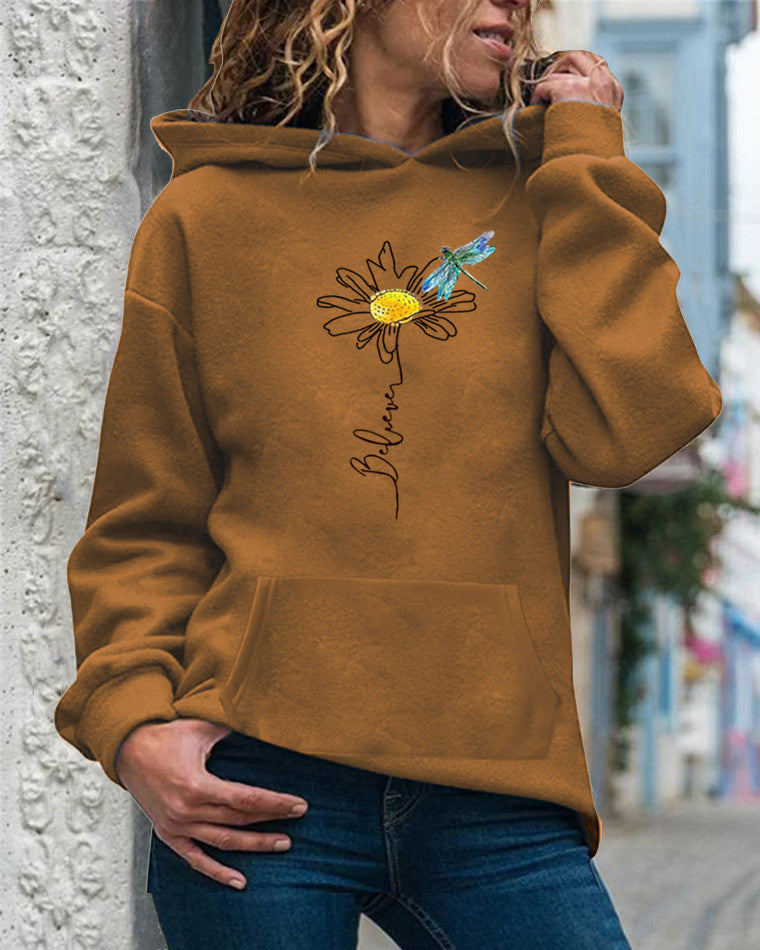 Women's relaxed fit hoodie sweatshirt with vibrant sunflower print, long sleeve cotton cozy style