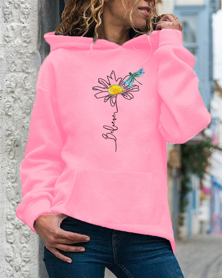 Women's relaxed-fit cotton hoodie sweatshirt with vibrant sunflower print and long sleeves